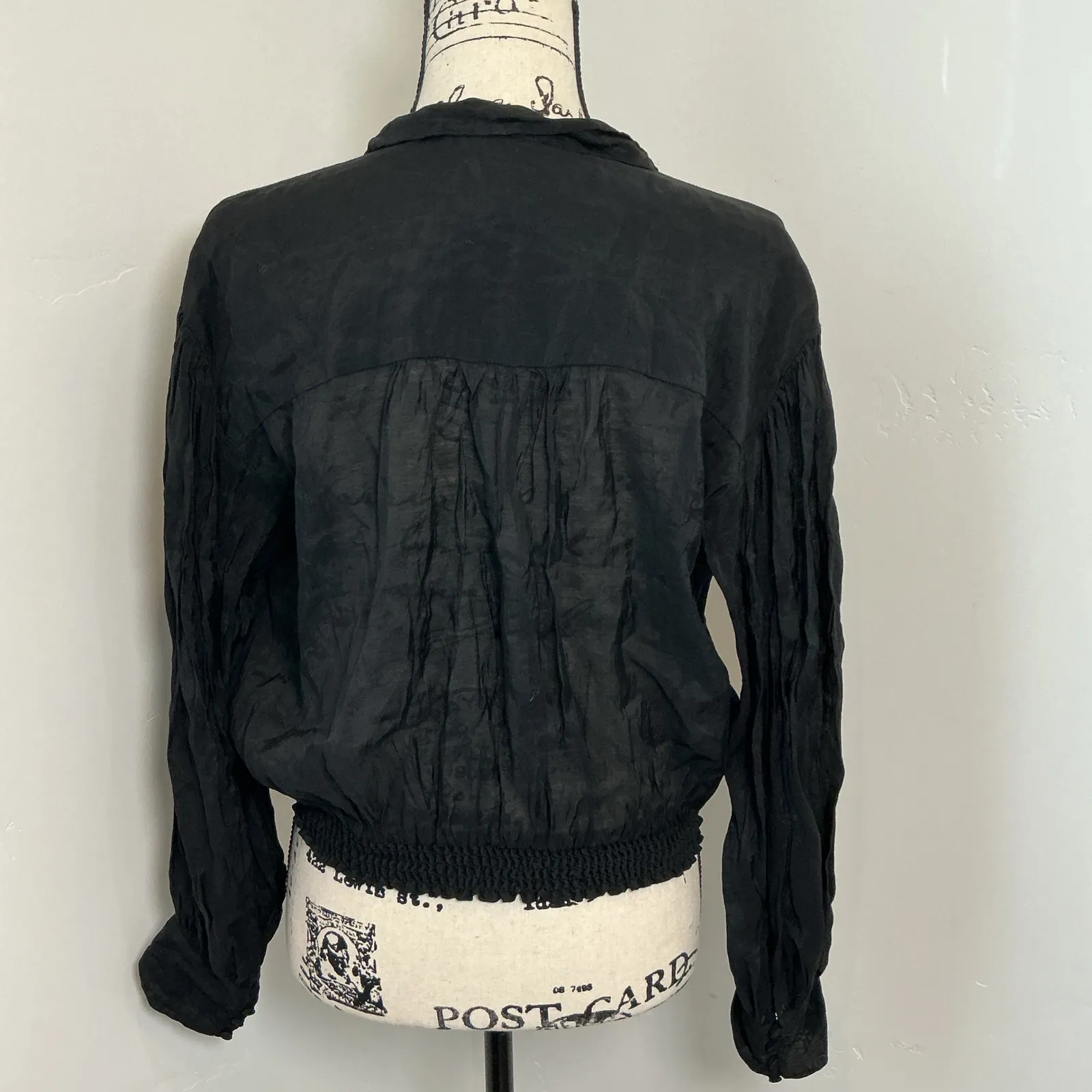 lalavon Black Crinkle Gauze Button Up Shirt Blouse Long Sleeve Sheer M Size M - Image 3