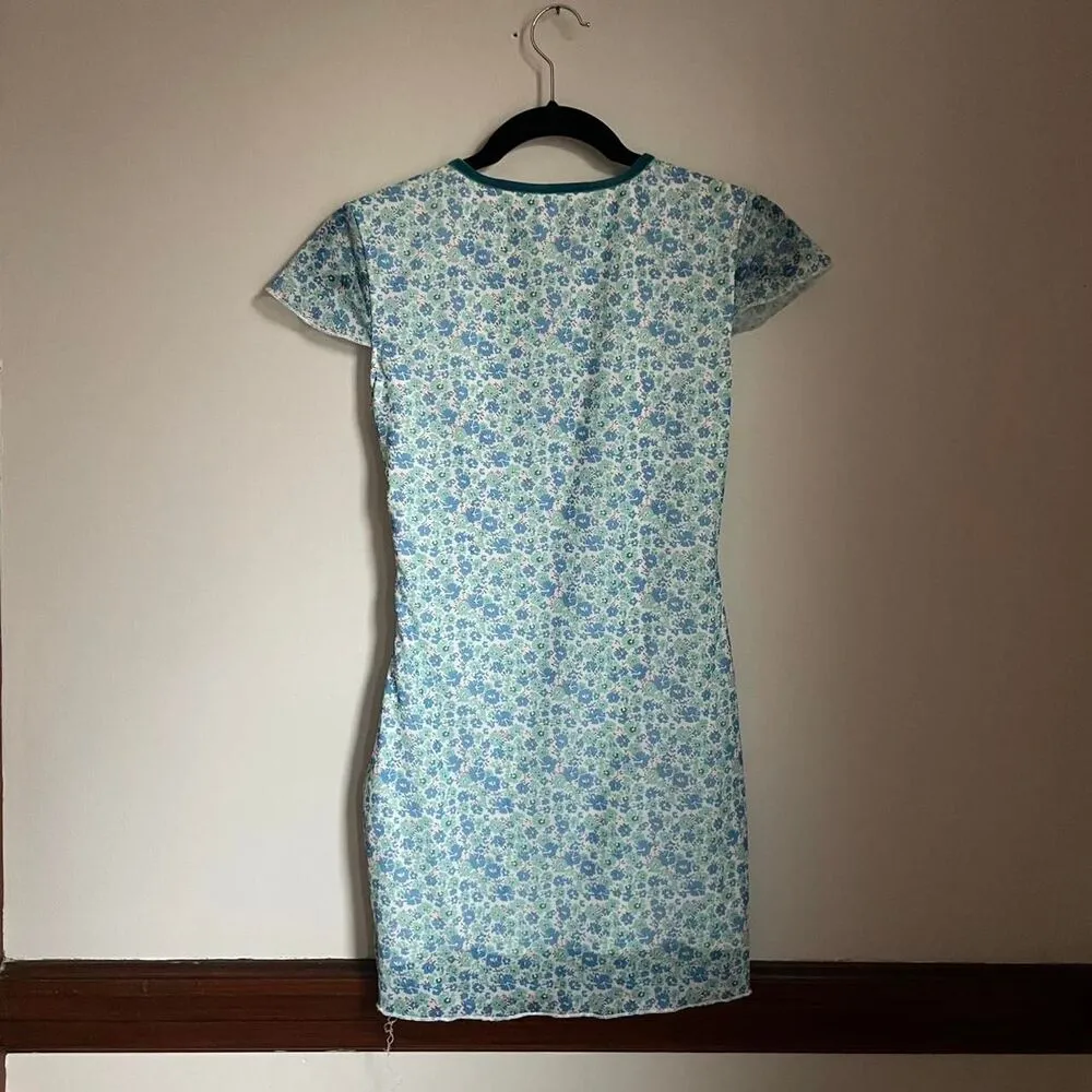 Y2K Women's Floral Coquette Dainty Soft Girl Mini Dress Short Sleeves with Bow S Blue - Image 6