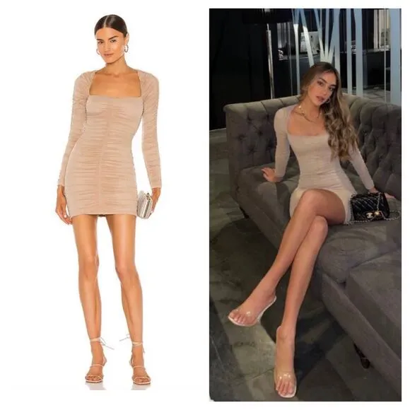 NWT Michael Costello REVOLVE Franky Mini Dress Taupe Size XS Ruched Long Sleeve Tan - Image 2