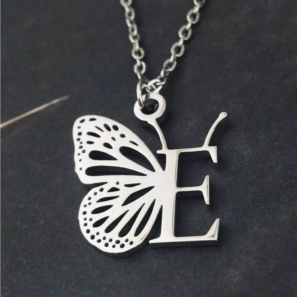 Letter E Initial Butterfly Necklace Silver - Image 4