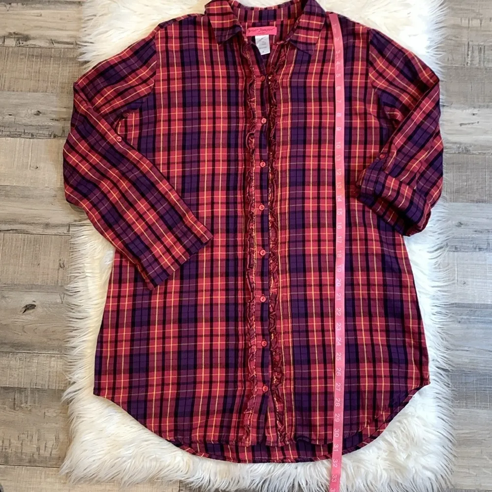 Intimates cotton flannel plaid ruffle roll tab sleep shirt M - Image 6