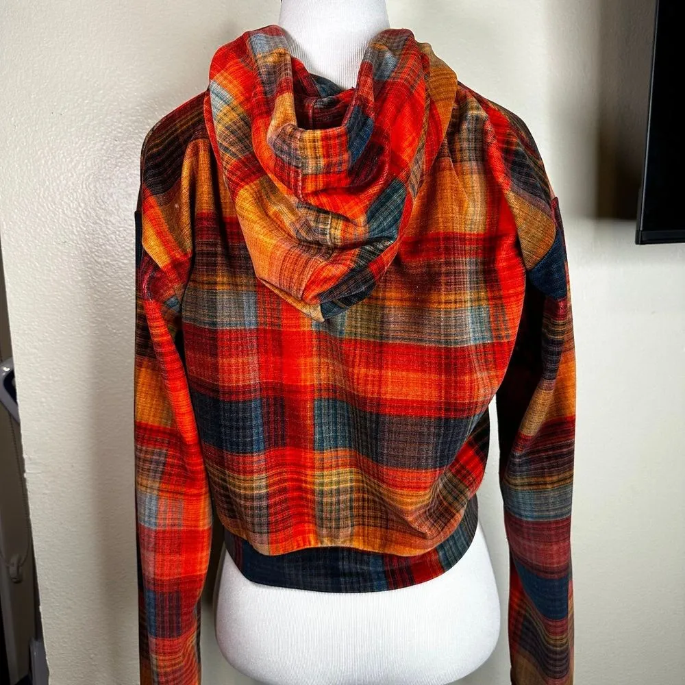 TOPSHOP Orange Plaid Velour Cropped Hoodie Sweatshirt Size2 - Image 7