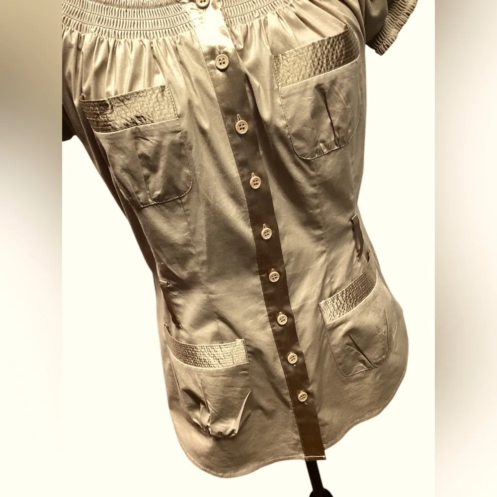 BCBGMAXAZRIA satin trim blouse. Dark tan/brown. Medium - Image 6