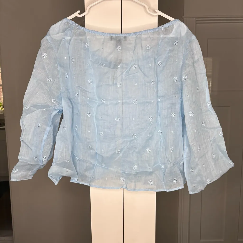 NWT J. Crew Tie-front Eyelet Top Ramie Calm Blue - Image 3