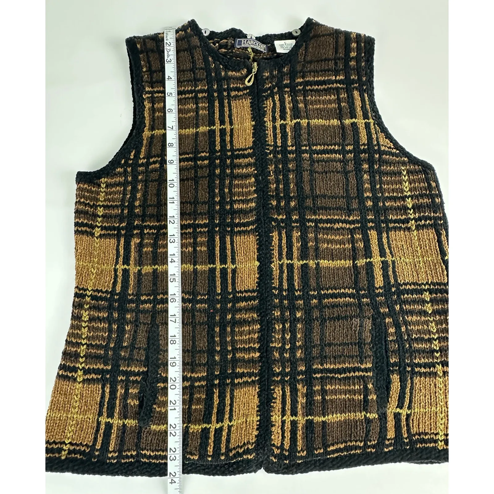 Vintage Harold's Size Large Woven Knit Vest Black Brown Full Zip Retro Hipster - Image 12