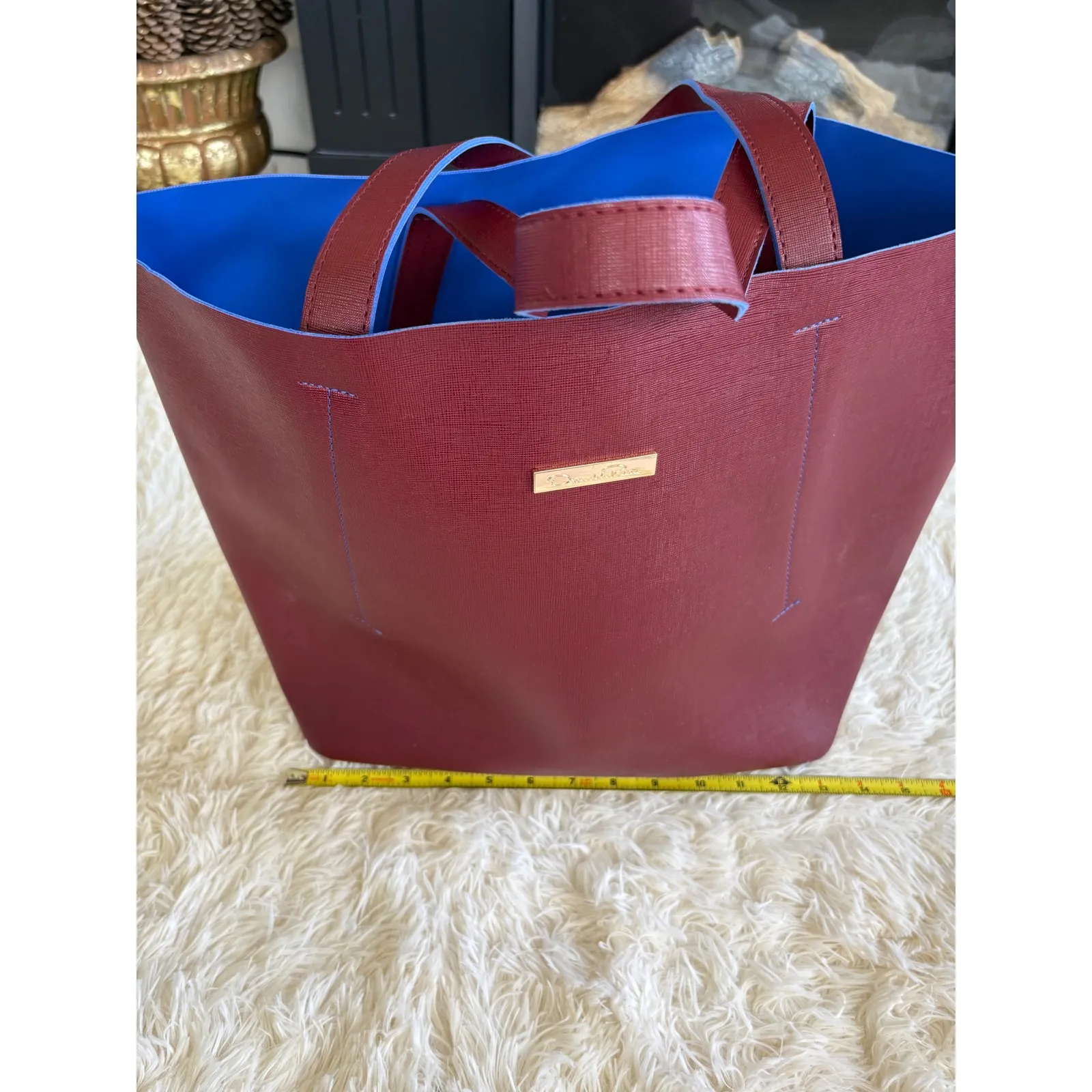 Oscar de la Renta Reversible Tote Bag Maroon Red Blue Shopper Carryall Purse - Image 4