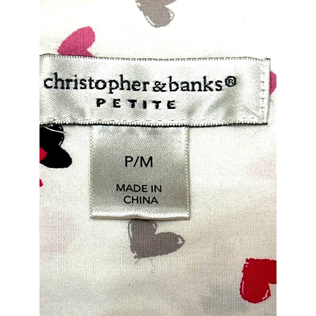Christopher & Banks Petite Medium White Button Up Shirt Pink Red Heart Print Top - Image 6