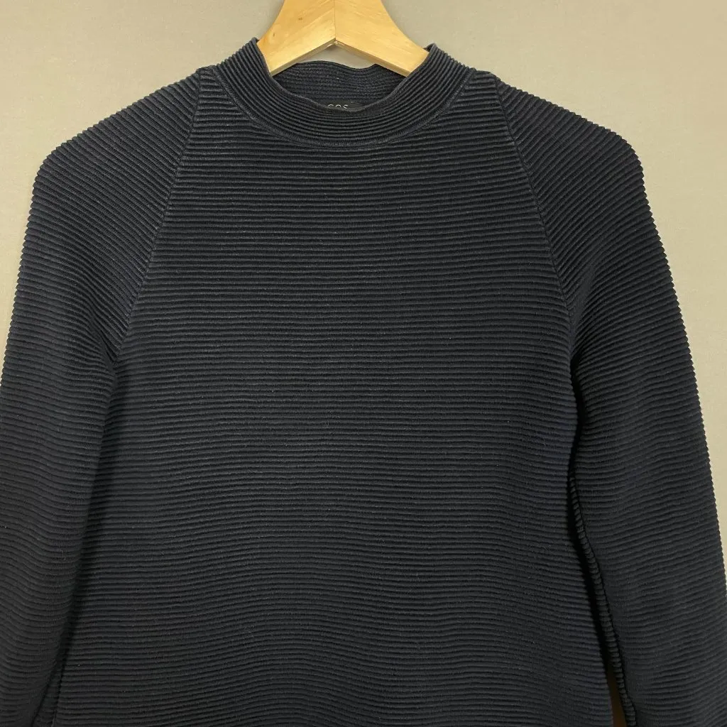COS Ripple Stitch Top Sweatshirt Navy Blue Mock Neck Women XS Long Sleeve Ribbed - Image 12