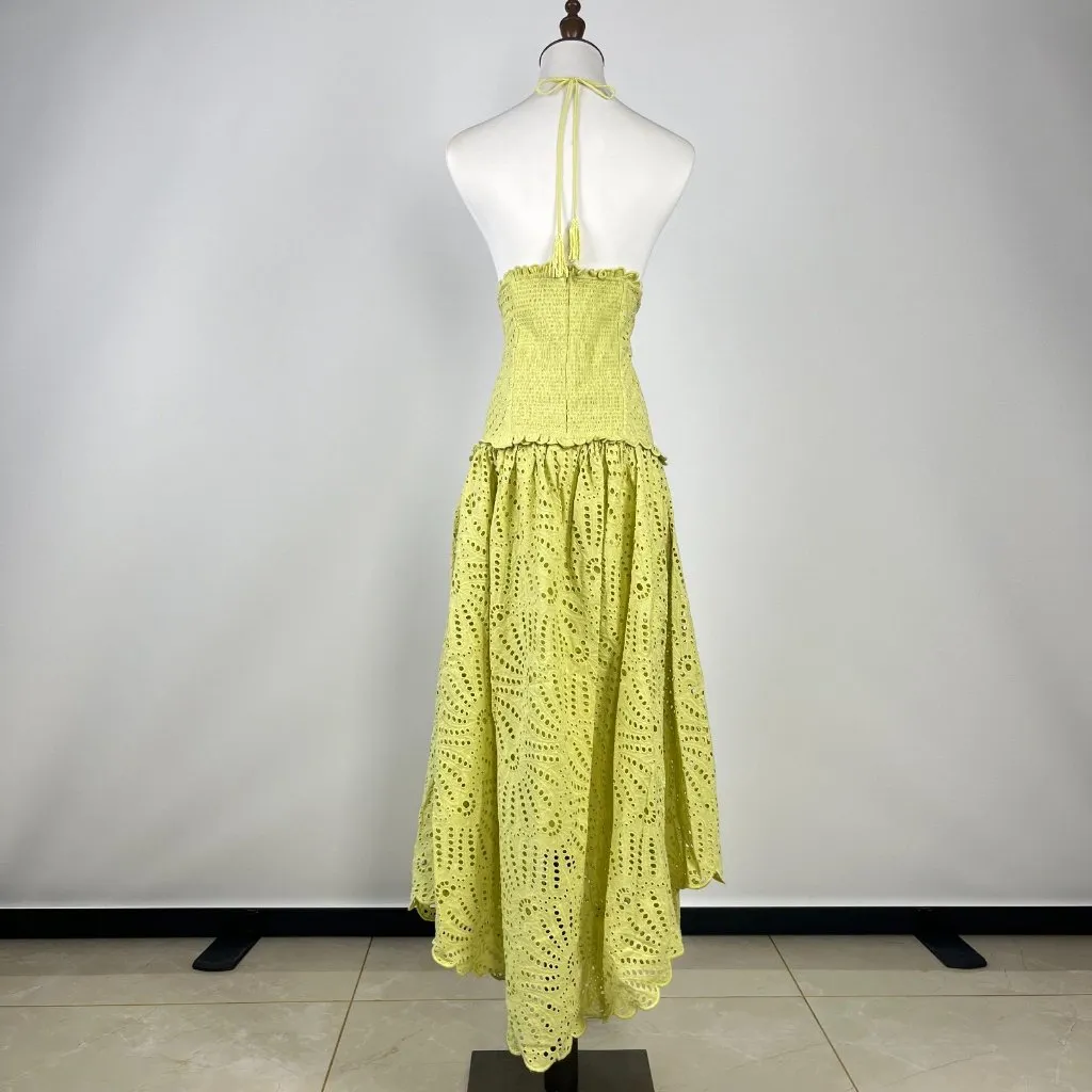 NWOT Farm Rio Embroidered Eyelet A-Line Asymmetry Beads Midi Dress Size L Cotton - Image 10