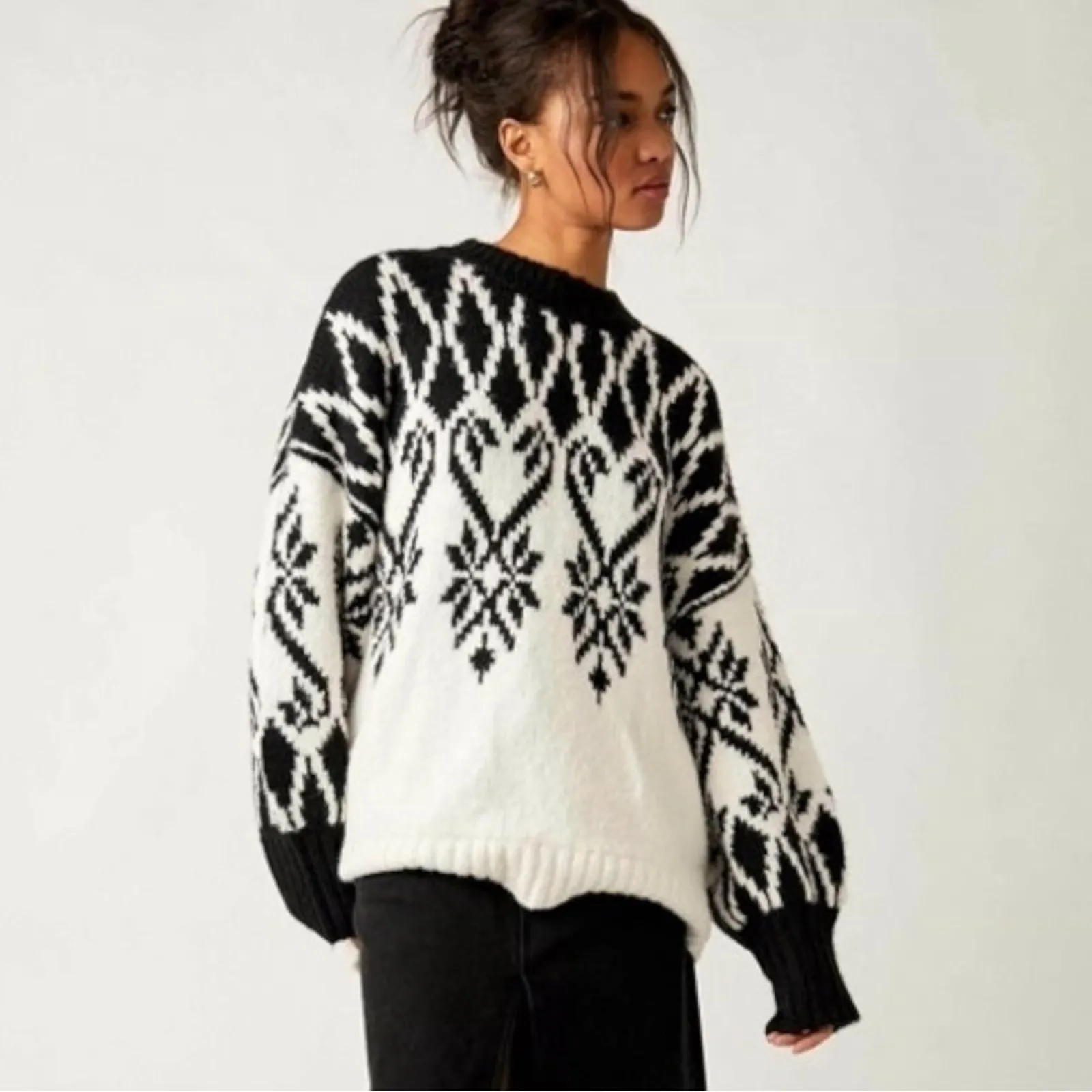 NEW Free People Fireside Ivory Black Oversized Knit Tunic Sweater Mini Dress XS - Image 3