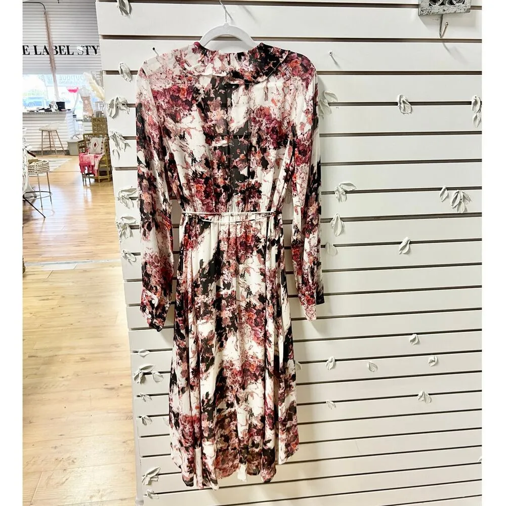 IRO Garden Floral Ruffle Surplice Neck Midi Wrap Dress Red/White Women 38 / US 6 - Image 9