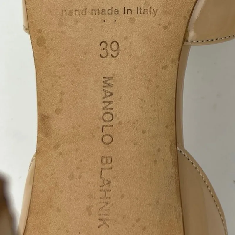 Manolo Blahnik Beige Pointed Toe Patent Leather Slip On D'Orsay Pump Heels Sz 8 - Image 6