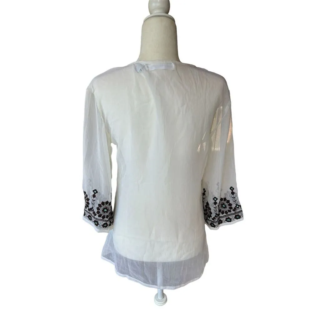 Rancho Estancia Boho Sheer Blouse‎ White Floral Blue Brown Embroidered V - Image 2