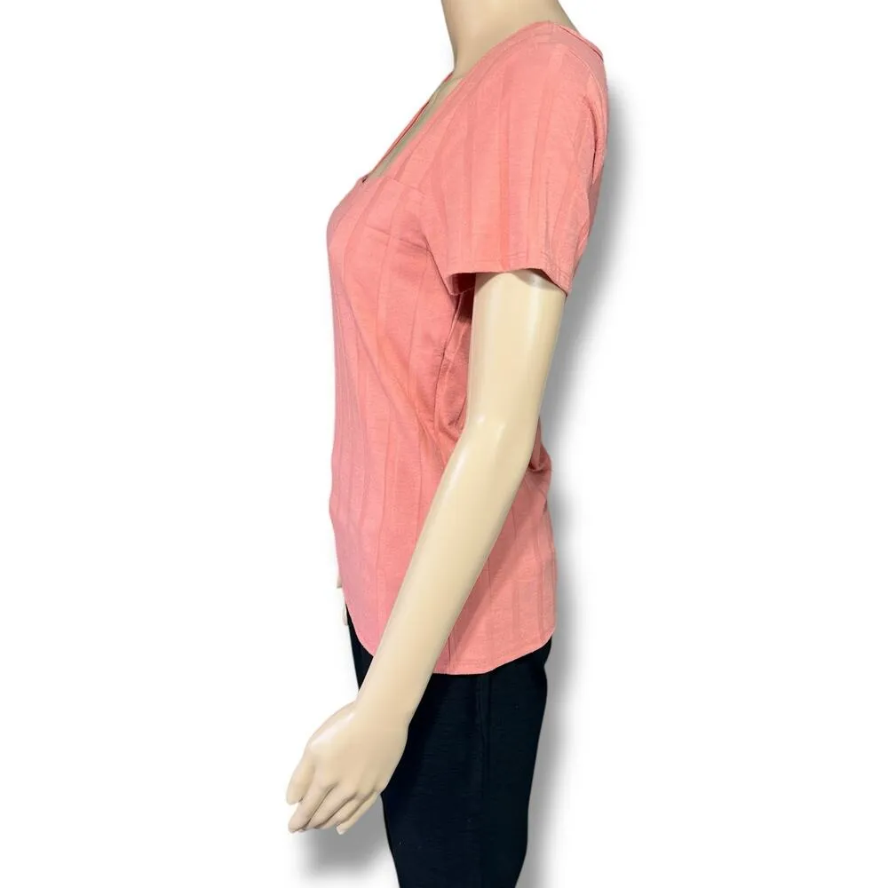 Red BKE Womens Blouse Shirt Top Square Neckline Ribbed Short Sleeve Pink Medium - Image 4