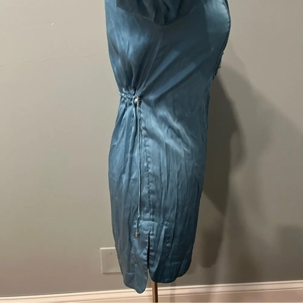 NEW Kensie Blue Satin 3/4 Sleeve Pleated Button Front Dress Size Small - Image 4