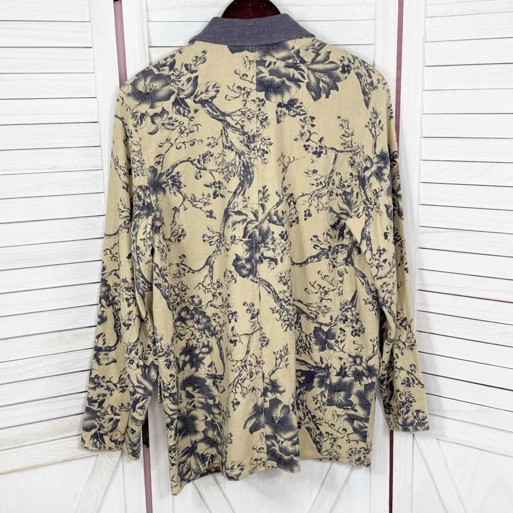 Coldwater Creek Linen Blend Floral Toile Print Chore Jacket Tan Blue Small - Image 8