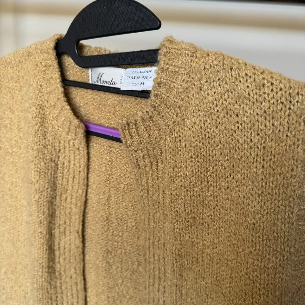 Vintage Acrylic Beige Open‎ Sweater Cardigan Moneta 80s M Vest Tan Size M - Image 3