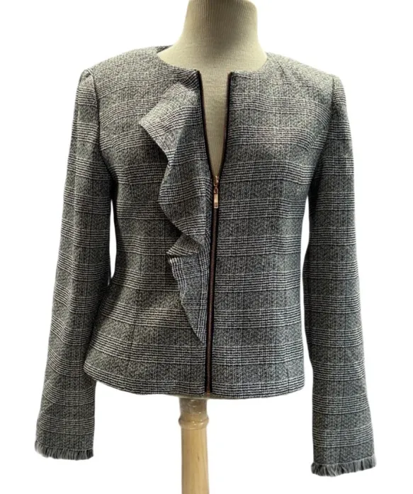 Ivanka Trump Wonderland Black and White Plaid Ruffle Zip Up Blazer Jacket Size 4 - Image 1