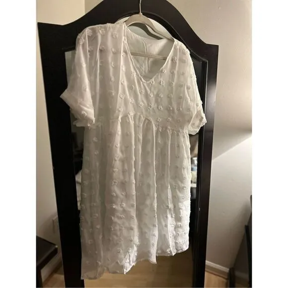 NEW V Neck Chiffon Flowy Swiss Dot Loose Fit Dress S White - Image 2