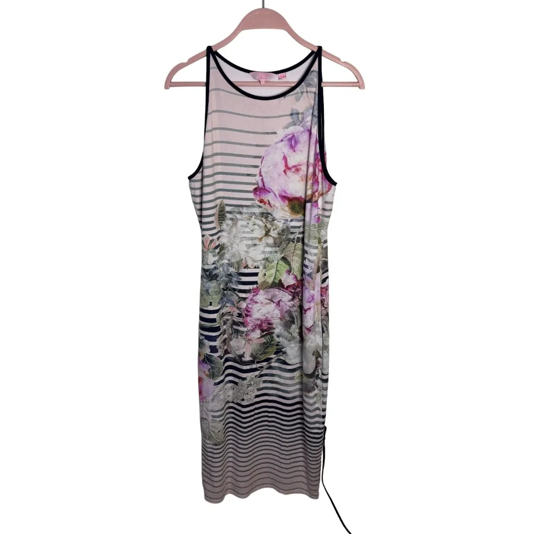Ted Baker Laya Sleeveless Peony Striped Midi Dress Bodycon sz Large Floral Euro - Image 3