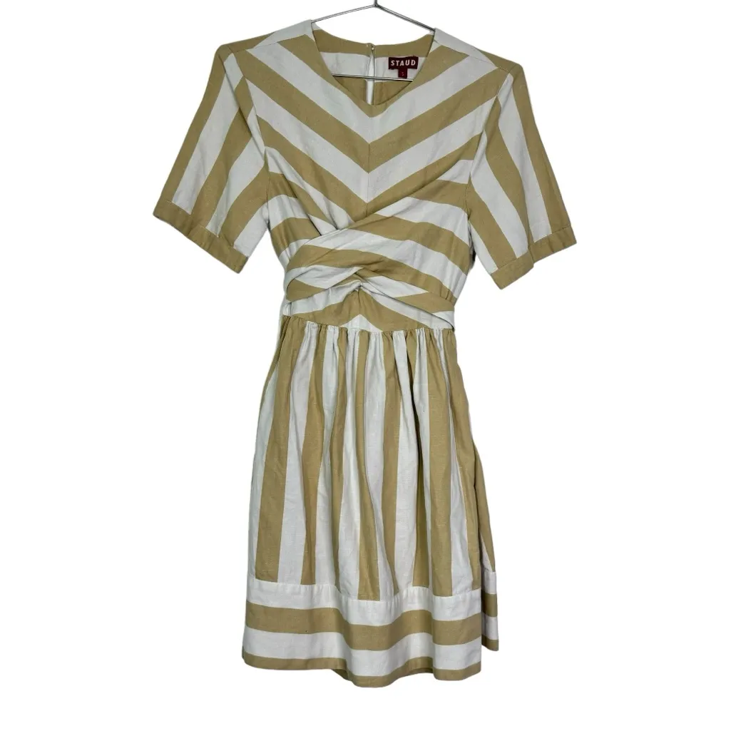 STAUD York Striped Tie Waist Mini Dress Beige White Neutral Linen Blend - Image 2
