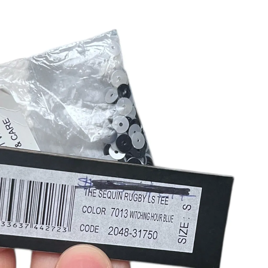 NWT AS BY DF Sequin Rugby Colorblock Long Sleeve Tee in Witching Hour Blue Small White - Image 10