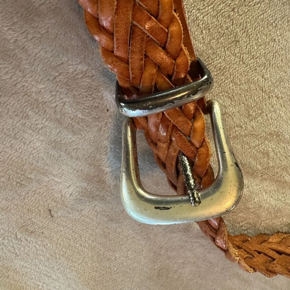 The Limited Brown Leather Belt Woven Braided Silver Buckle Size S Vintage 90s - Image 5
