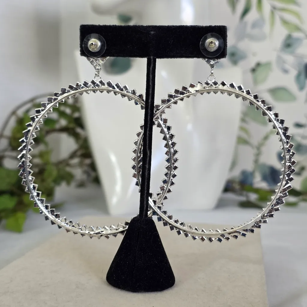 Large Silver and Rhinestone Hoop Earrings - Image 7