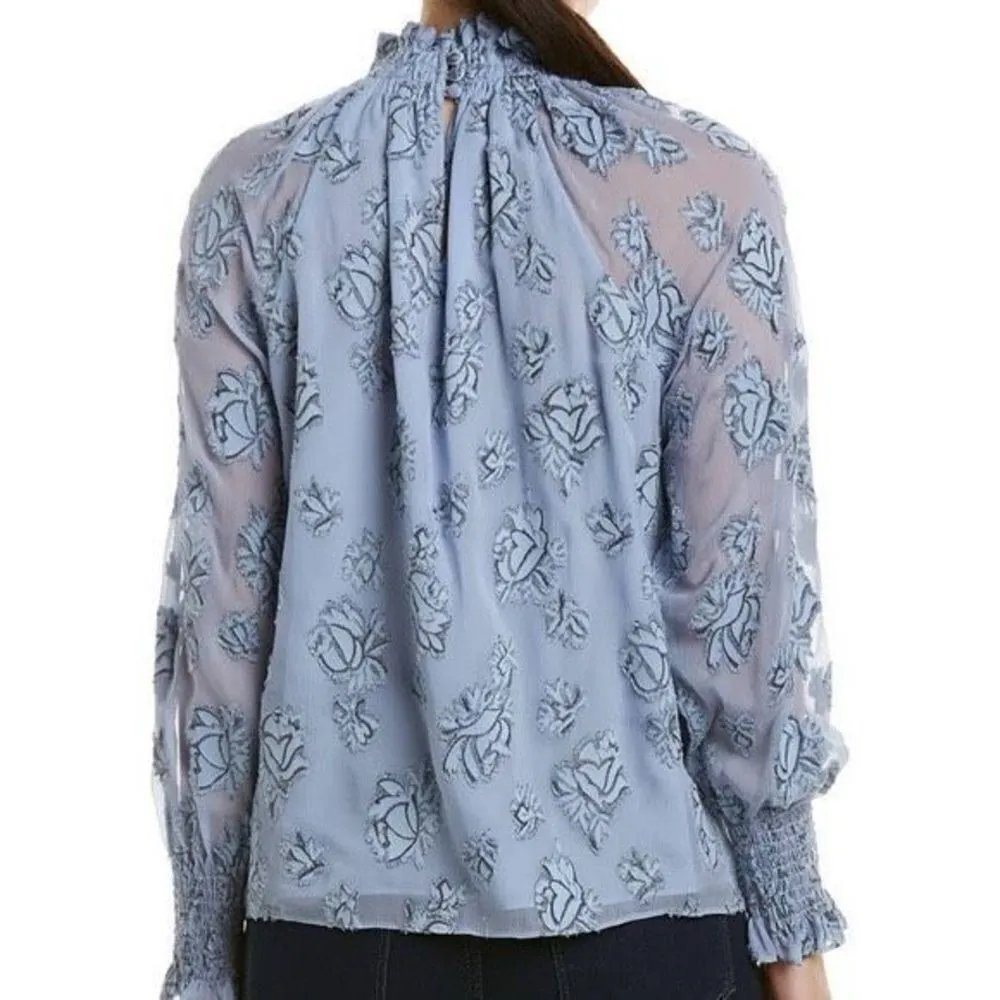 ✨Rebecca Taylor Smocked Neck Silk Blend Rose Print Blouse Light Blue Metallic✨ - Image 8
