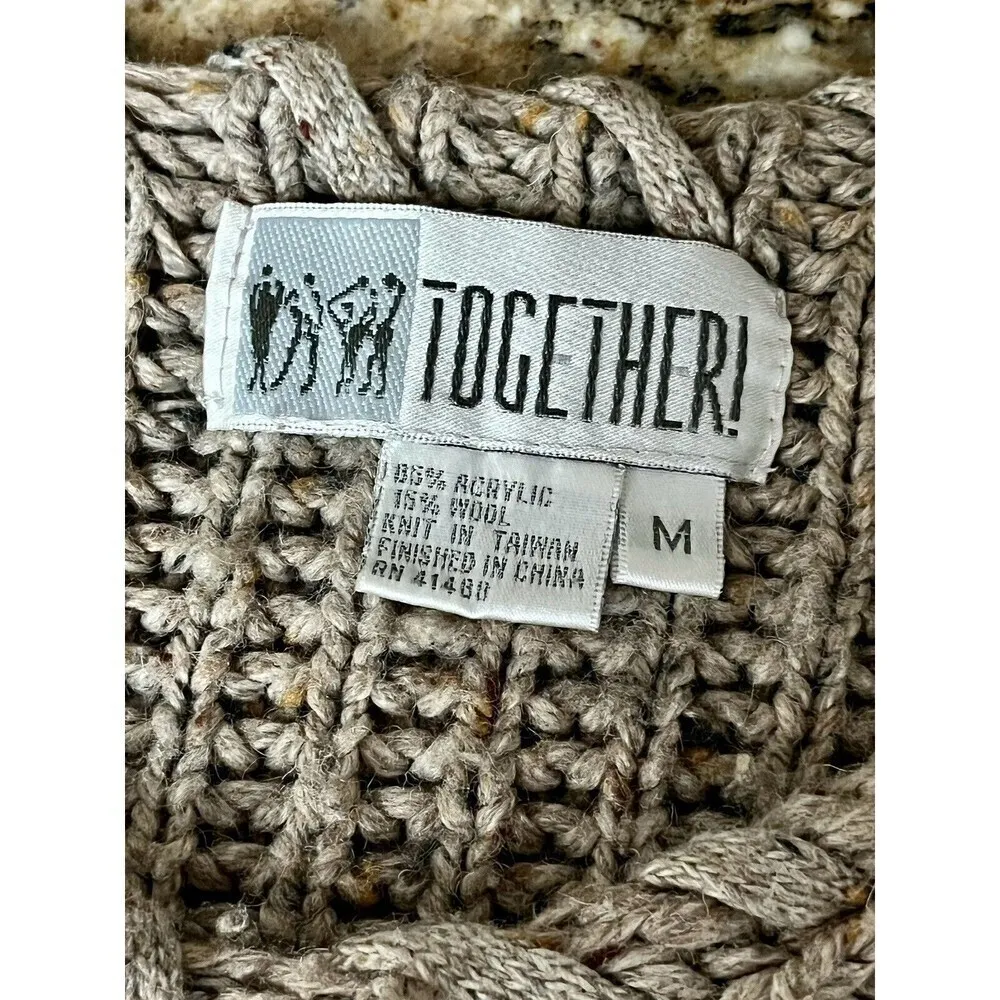 Vintage Y2K Together Tan Braided Knit Sweater Women’s Medium Fisherman Hippie Brown - Image 9