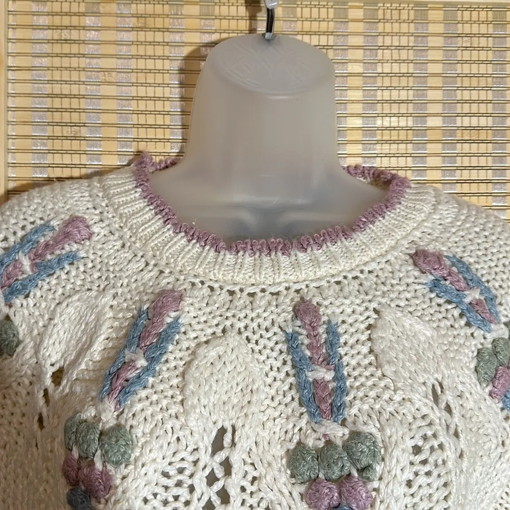 Cabin Creek Vintage 1990s Y2K Cream Embroidered Loose Knit Sweater Small - Image 6