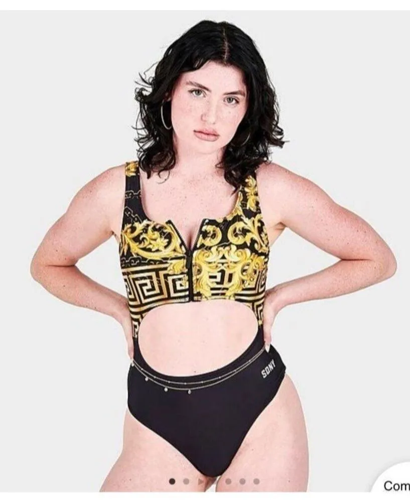 Swimsuit One Piece Women's M Black and Gold Zipper Swimsuit Cutout Women's M A1 Size M - Image 4
