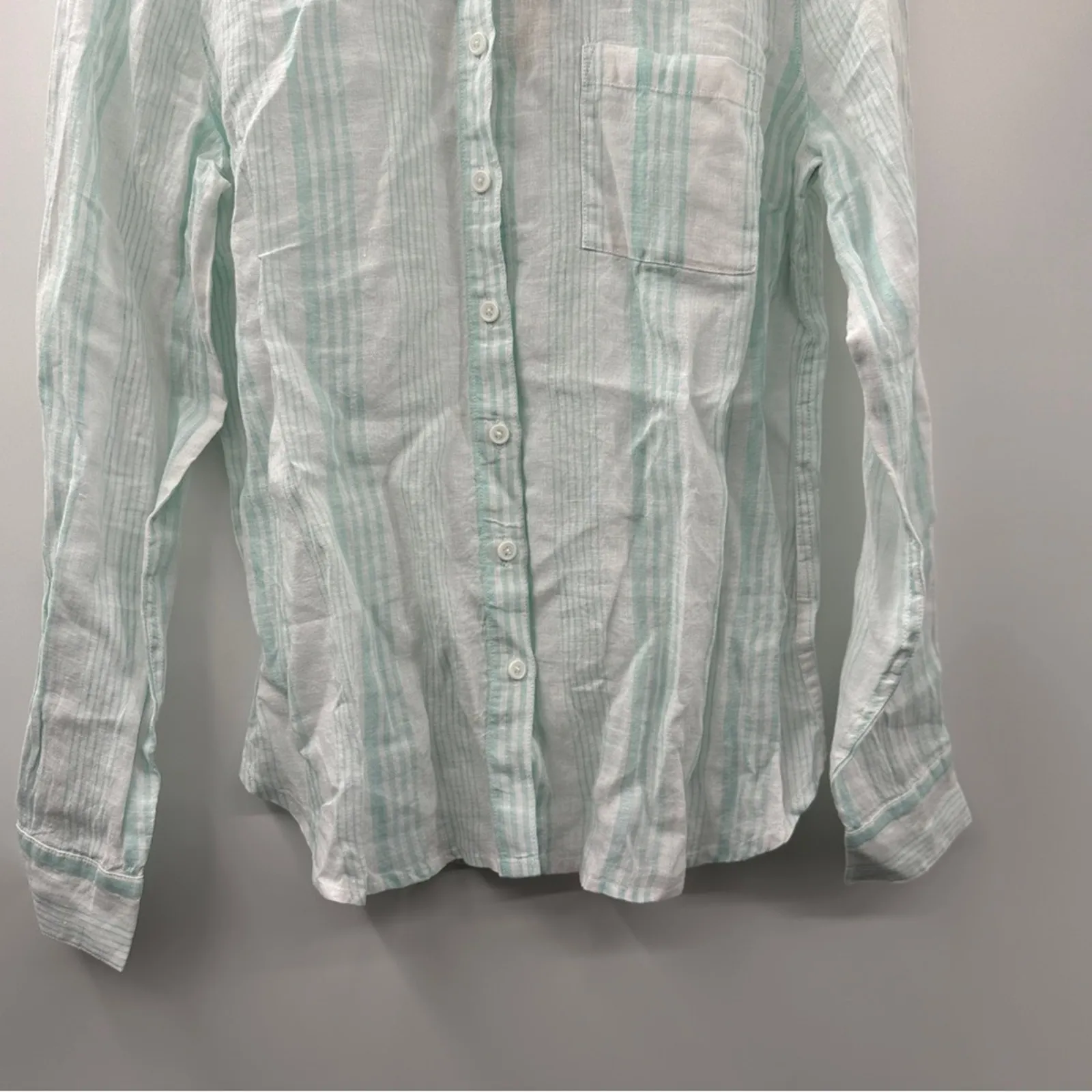 Garnet Hill Linen Light Blue & White Striped Long Sleeve Button Down Top 8 NEW - Image 3