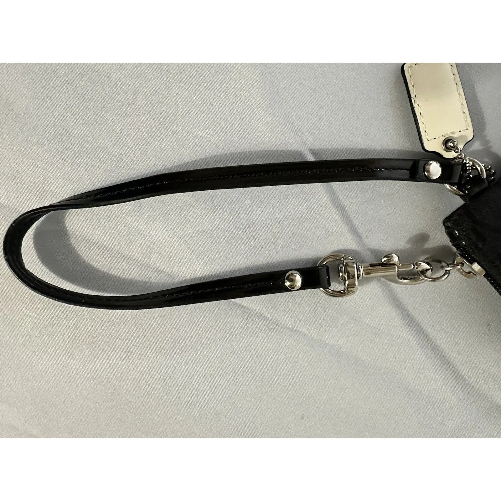 Coach Signature Black Jacquard Canvas Patent Leather Strap Zip Wristlet Purse - Image 9