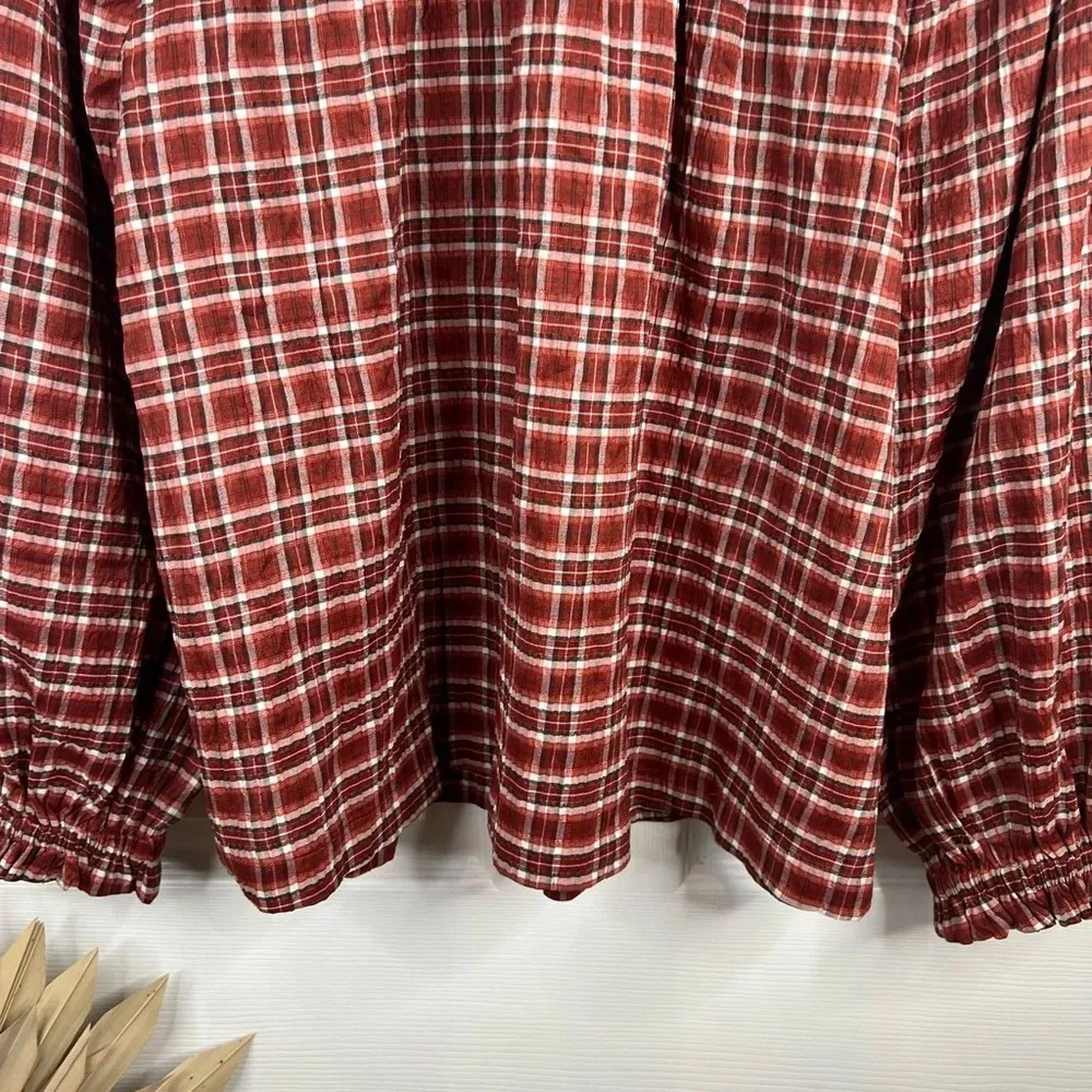 Treasure & bond brown white plaid Smocked shoulder V-neck blouse Size S - Image 9