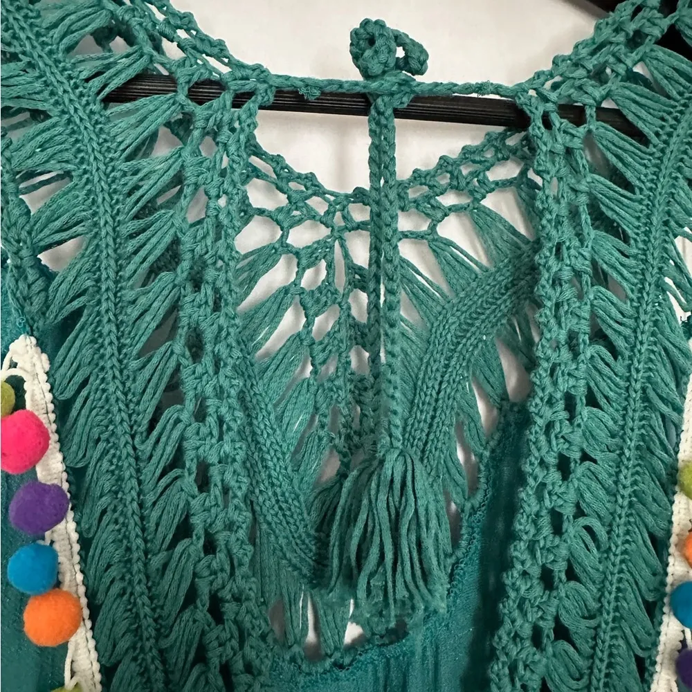 Aolro Teal Crochet Pom Pom Swim Coverup / Dress Size Small Resortcore Fringe Multiple - Image 5