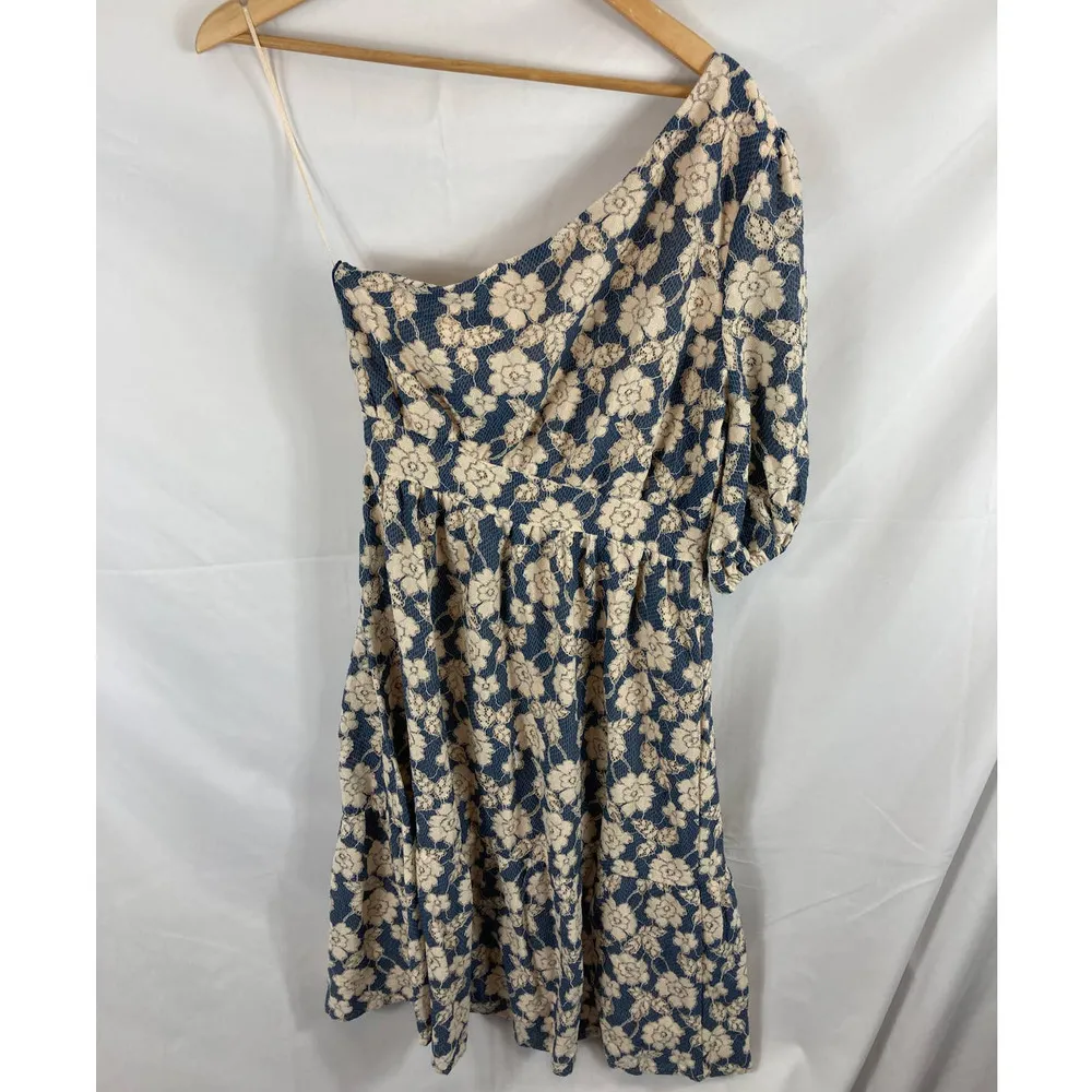 NSR Prairie NAVY & CREAM One Shoulder FLORAL LACE Ruffle MIDI DRESS small - Image 6