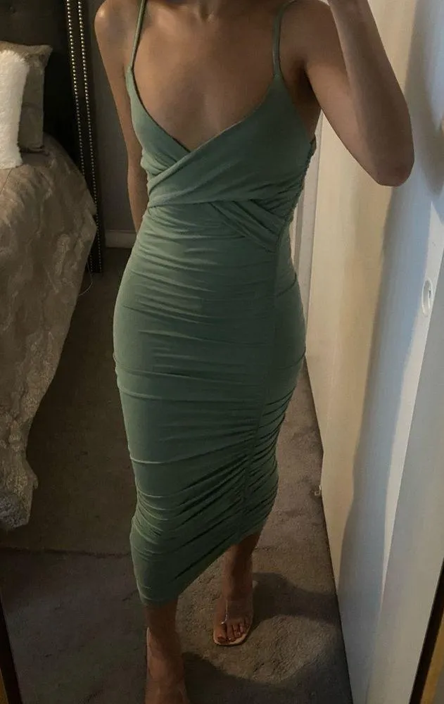 LAST ONE | NEW Hug Me Tight Green Ruched Midi Dress - Image 2