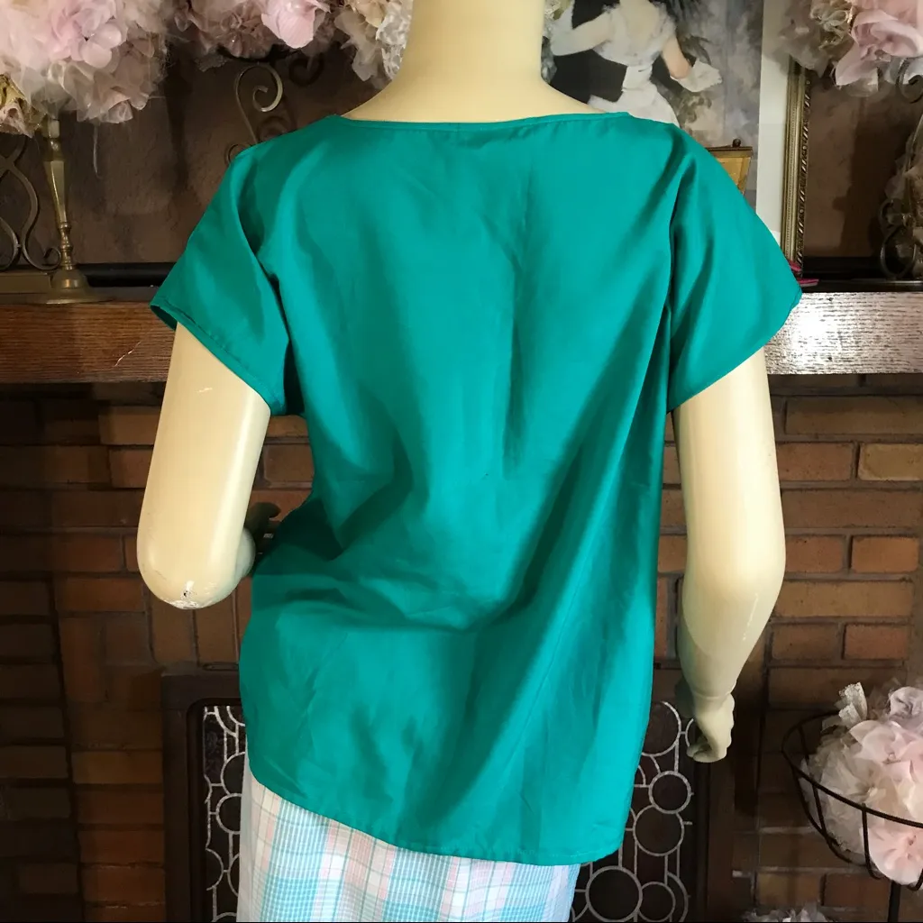 VINTAGE 1980'S ORARE TEAL BLOUSE WITH CROCHET DOILY NECKLINE (M) Green Size M - Image 3