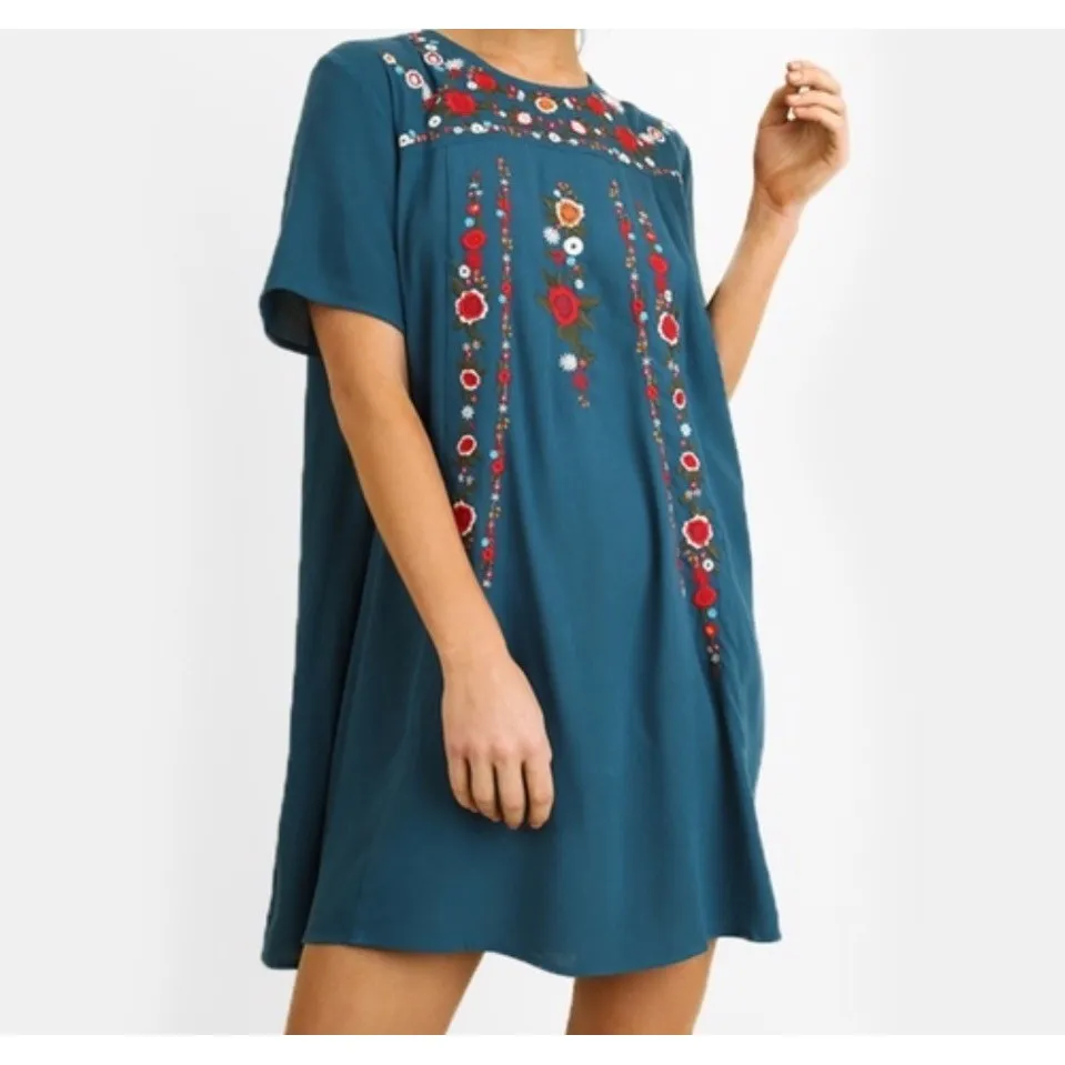 Umgee Floral Embroidered Black Tunic Dress Lined‎ Boho Crochet Cotton Size S - Image 4