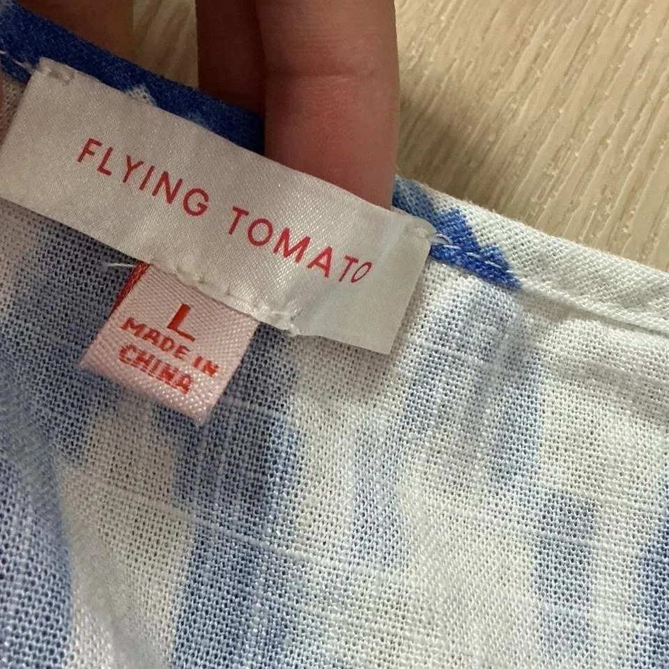 Flying Tomato Blue White Ikat Print Ruffle Sleeve V Neck Tassel Top Women's L - Image 4