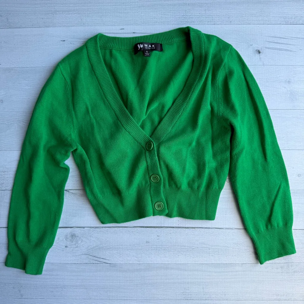 YEMAK Women's Cropped 3/4 Sleeve Cardigan Sweater Bright Green S - Image 2