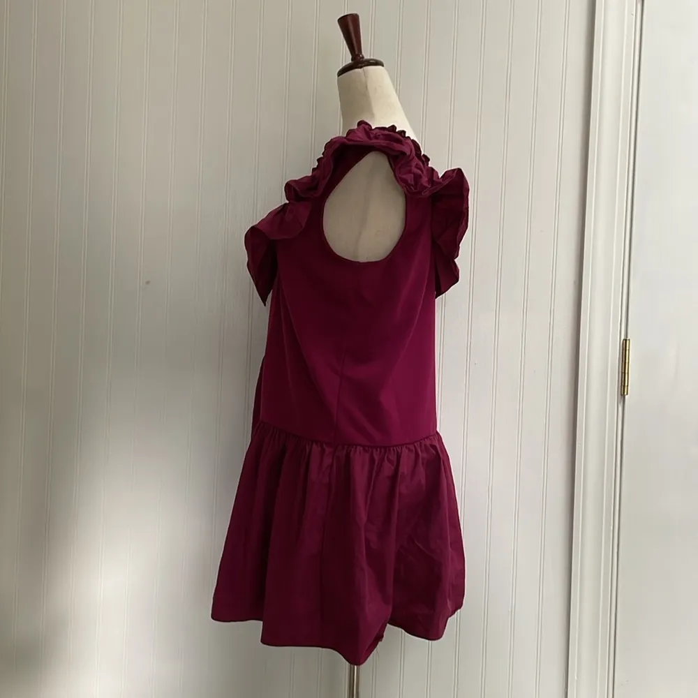 ENGLISH FACTORY Mixed Media Ruffle Detail Knit Mini Dress in Plum Size S - Image 5
