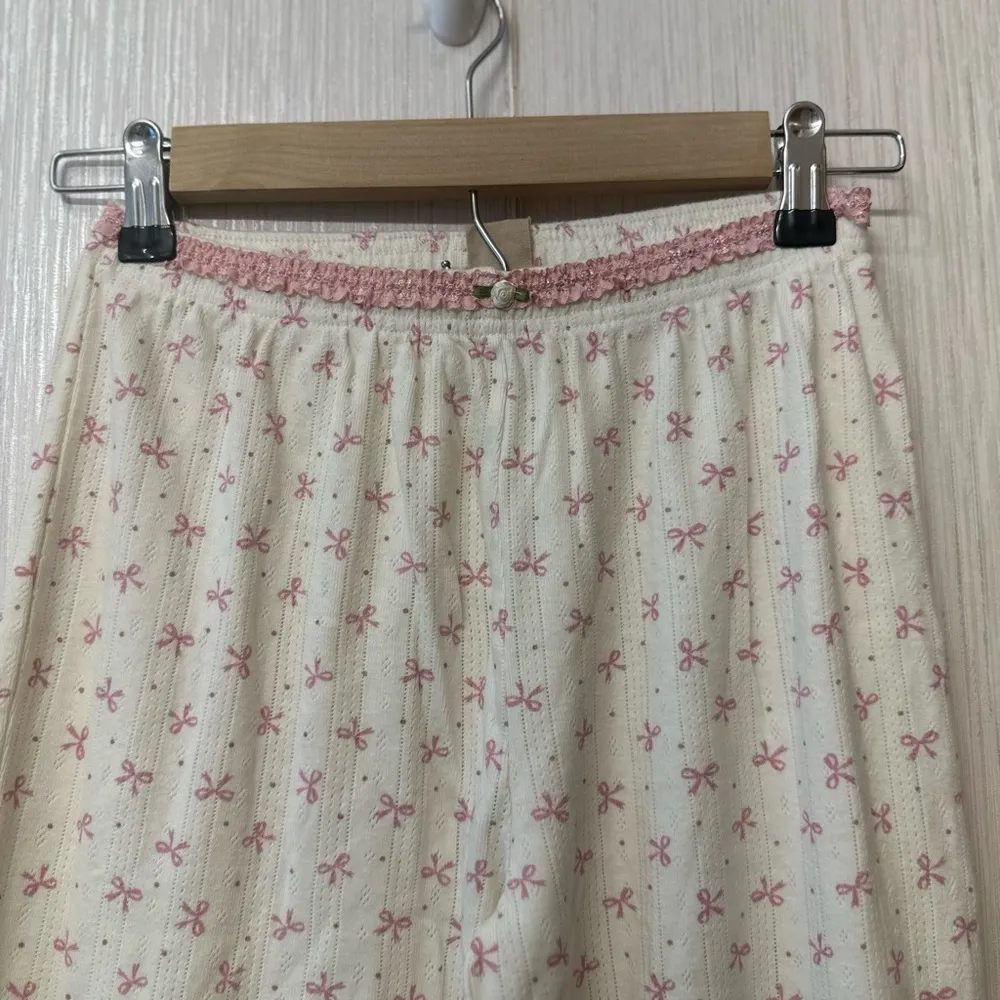 White Pajama Pants with Pink Bow Pattern coquette size xs - Image 2