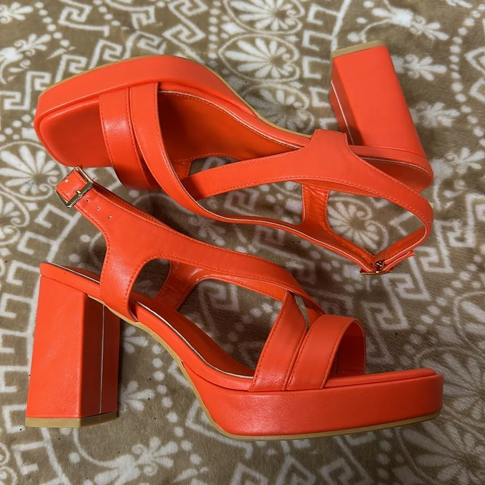 Amoji Women 4 Inch Block Heels Platform Cross Strap Chunky Heeled Sandals Orange Size 8.5 - Image 2