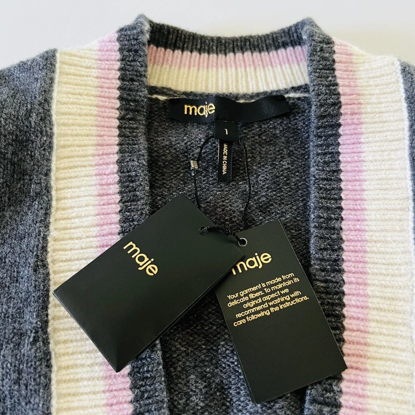 MAJE Charcoal Gray College Cardigan With M Patch - 1 (Small) - Image 2