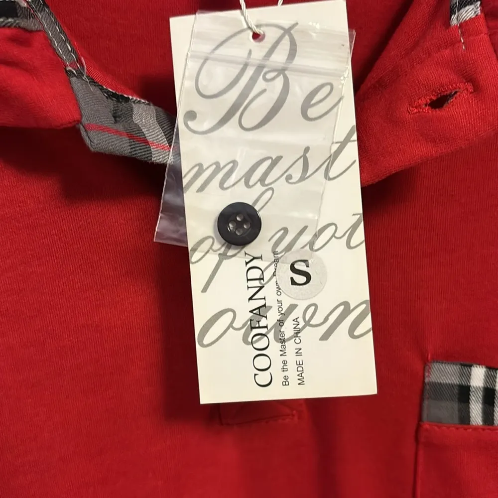 COOFANDY BRAND RED POLO SHIRT 3 BUTTONS DOWN CENTER GREY RED WHITE PLAID ACCENTS - Image 3