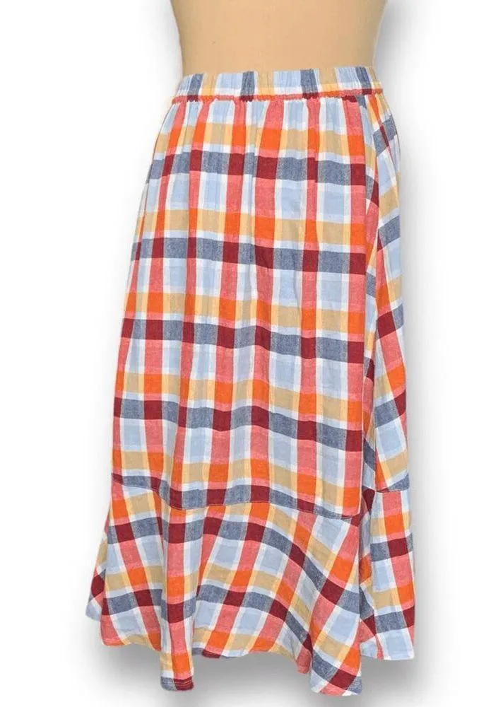 Lane Bryant Faux-Wrap Ruffle A-Line Maxi Skirt Multicolor Plaid Linen Size 14/16 - Image 5