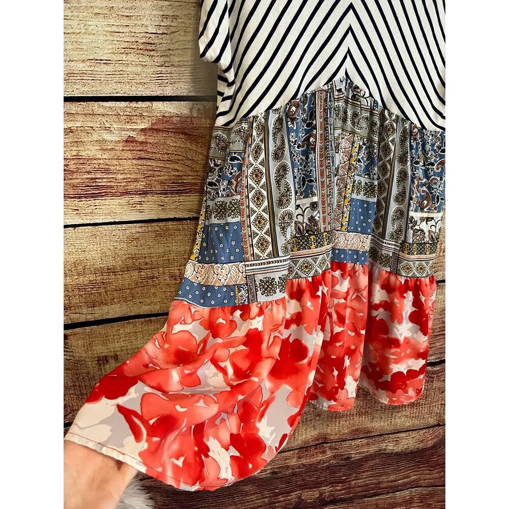 Oddy Colorblock Tier Tunic Dress Floral Stripe Patchwork Easter 4th of July 2X Red - Image 3