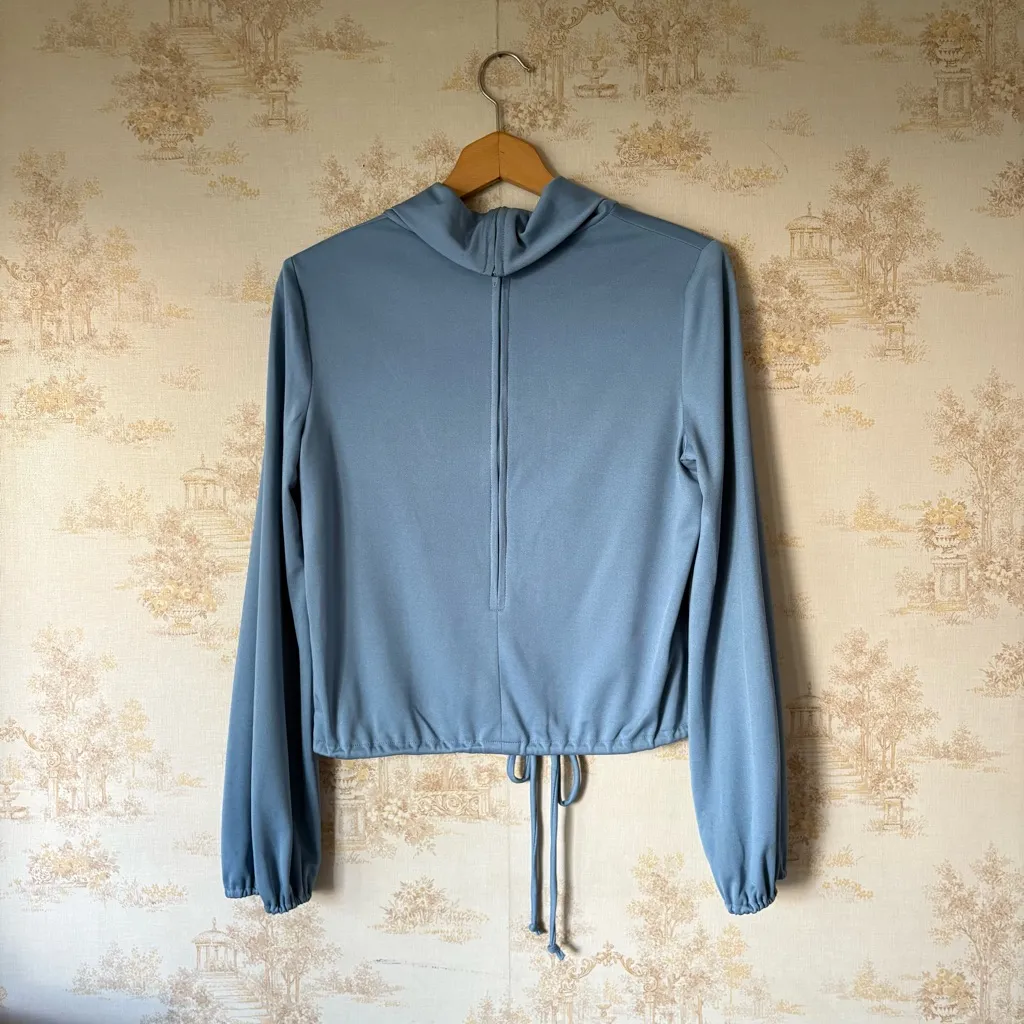 Vintage 60s 70s Malouf of Dallas blue balloon sleeve button front tie waist top Size L - Image 4